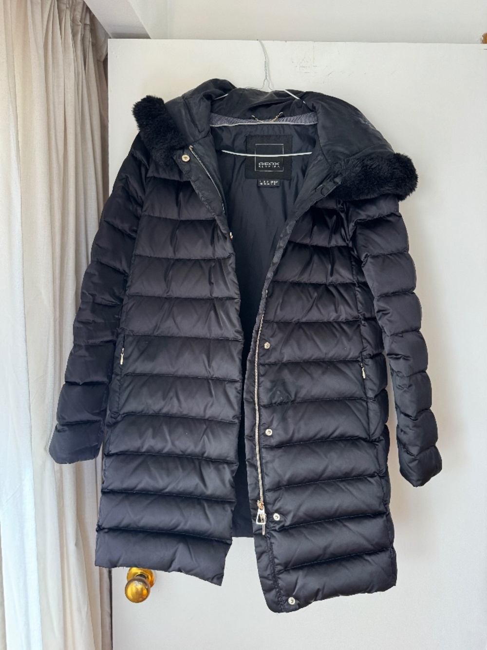 Geox Respira black women's puffer winter long coat furry hood size S small parka